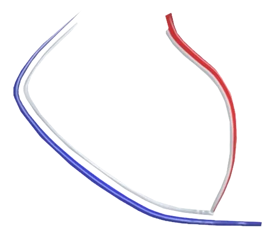 A red, white and blue hose is connected to the bottom of a black background.